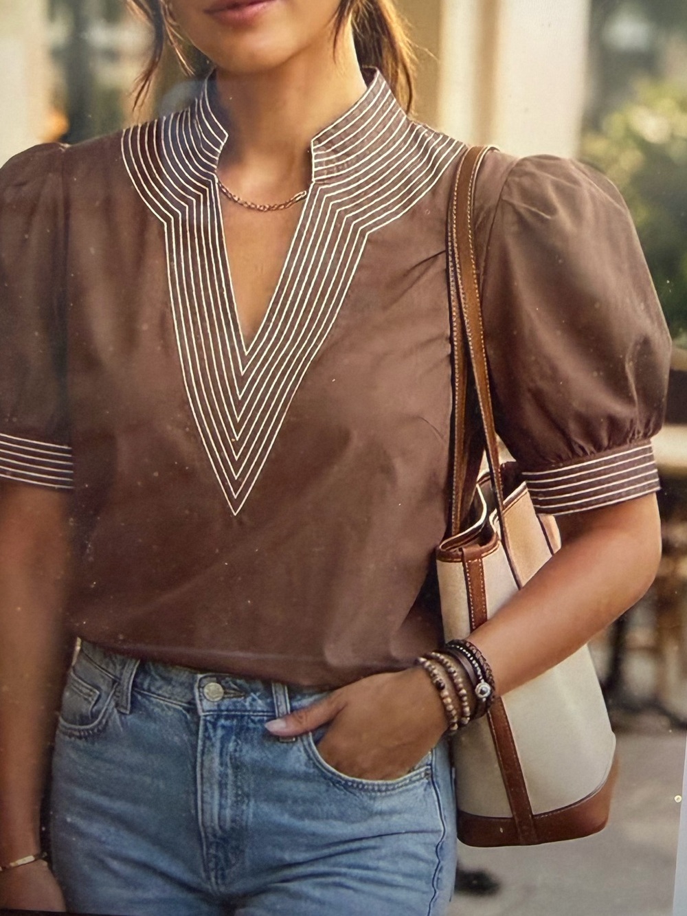 Brown V-Neck Puff Sleeve Blouse - NWT - Size XL